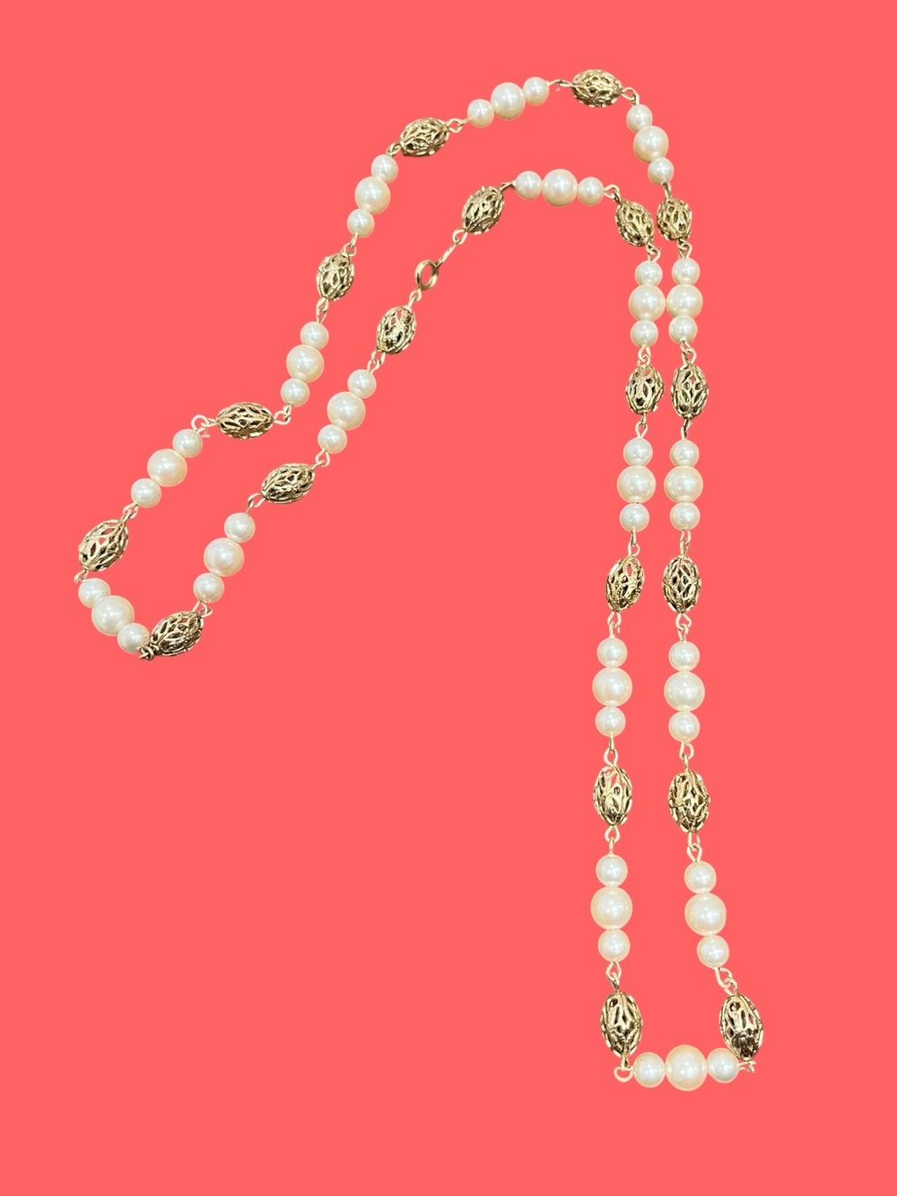 Trifari Gold Filigree and Ivory Pearl Long Strand Necklace excellent condition